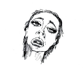 Tired woman. Sadness and sadness, tired look. Ink drawing.