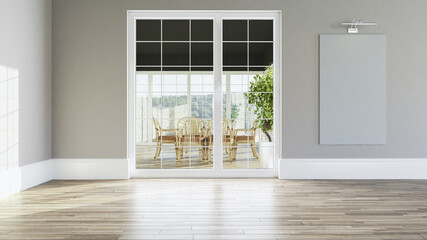 Empty room with balcony, wooden floor and painting wall, canvas frame interior concept 3d rendering