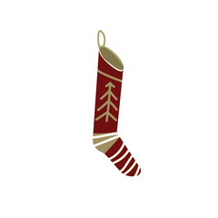 knitted christmas stocking with red patterns on white background, vector illustration.