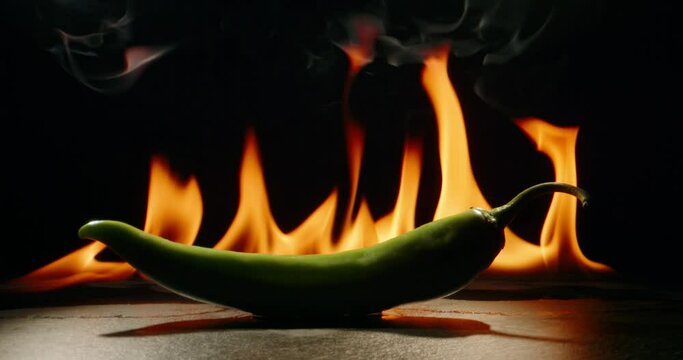 Hot green pepper set on flames. Epic cinematic shot of chili pepper burning in fire - art food concept close up shot 4k footage