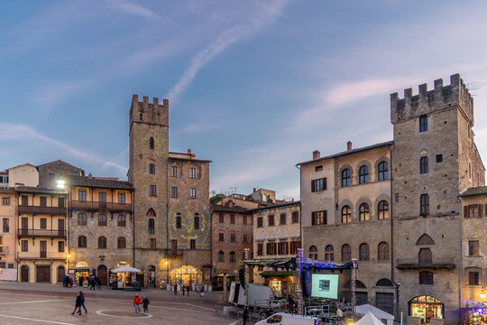 Old Building in the Main Square of Arezzo City during the Christmas time, Piazza Grande in the evening, Tuscany, Italy