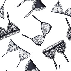 Seamless pattern with lingerie . Lace underwear collection. Vector illustration on white background. Watercolor style