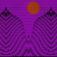 stylized mountain peak and bright orange red sun repeating intricate geometric patterns and design as halftone in purple on a black background