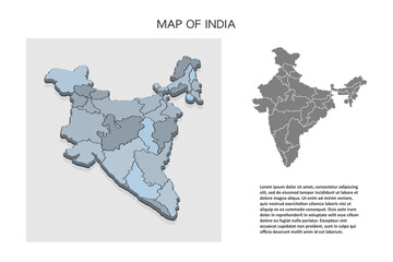 Isometric 3D map of India. Political country map in perspective with administrative divisions and pointer marks. Detailed map of India with regions. Infographic elements for Website, app, UI,Travel