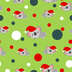 Seamless pattern with koala babies in red Christmas hats lying and smiling. Grass green background. White, red, Tidewater Green confetti. Post cards, scrapbooking, textile, wallpaper, wrapping paper