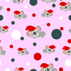 Seamless pattern with koala babies in red Christmas hats lying and smiling. Pink background. White, red and tidewater green confetti. Post cards, scrapbooking, textile, wallpaper and wrapping paper