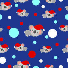 Seamless pattern with koala babies in red Christmas hats lying and smiling. Classic blue background. White, red and pastel blue confetti. Post cards, scrapbooking, textile, wallpaper, wrapping paper