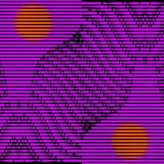 stylized mountain peak and bright orange red sun repeating intricate geometric patterns and design as halftone in purple on a black background