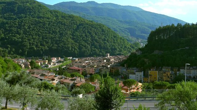 View of the city of Antrodoco from the state road leading to L'Aquila. Rieti, Lazio, Italy, Europe