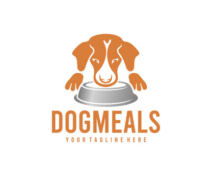 Dog meals, dog food, dog and bowl of feed, logo design. Pet, animal, pet shop and pet care, vector design and illustration