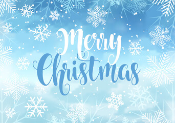 New Year Merry Christmas 3d winter template, used for a banner, poster blue background full of falling snowflakes, vector illustration realistic