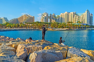 The fishing with a view on modern hotels of Eilat, Israel