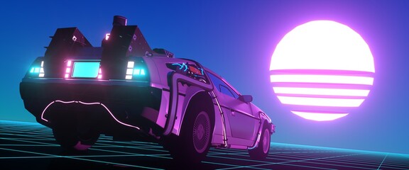 Futuristic car with neon lights against night blue sky and glowing striped moon. Cyberpunk concept. Grid neon surface. Synthwave poster. Retro future wallpaper. 3D illustration.