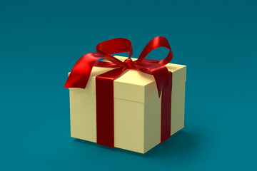 yellow gift box 3d with red ribbon and bow on green sea background