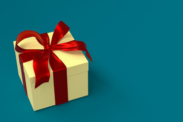 yellow gift box 3d with red ribbon and bow on green sea background