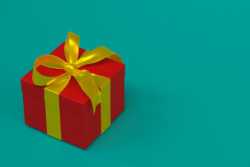 red gift box 3d with yellow ribbon and bow on green sea background