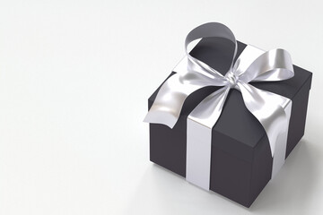 black gift box 3d with silver ribbon and bow on white background