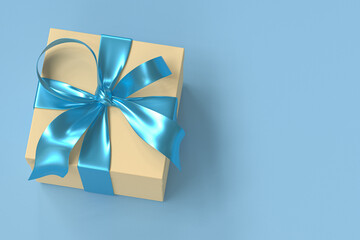 Obraz na płótnie Canvas yellow gift box 3d with blue ribbon and bow on light blue background