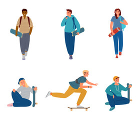 Vector Set Of Teenagers With Scateboards Walking, Holding, Riding. Isolated On White.