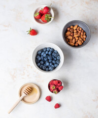 Healthy diet. Useful ingredients. Delicious summer berries. Useful nuts.