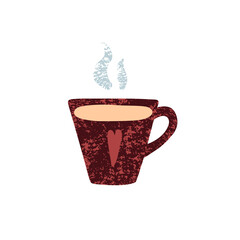 Cute mug with hot coffee. Hand drawn cup with tea, coffee isolated on white background. Burgundy texture, Red heart, steam. Cozy vector sticker. Good morning, hygge, breakfast symbol. Cafe menu elemen