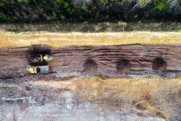 Heavy machines, including yellow trucks, in the working environment in a mine, seen in an aerial photo taken from a drone
