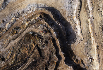 Working quarry environment seen from a drone. Amazing colorful patterns created by heavy machinery...