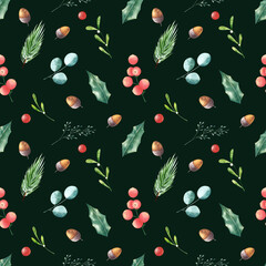 Seamless pattern with watercolor winter plants on deep green background. Acorn, rowan, holly leaves, mistletoe. 