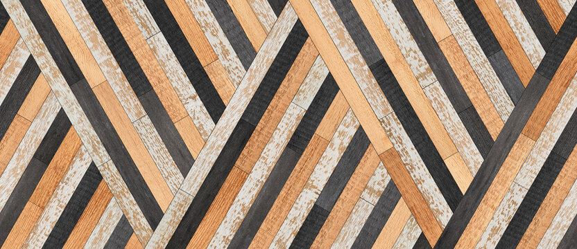 Wooden wall with striped pattern made of narrow planks. Wood decking texture. 