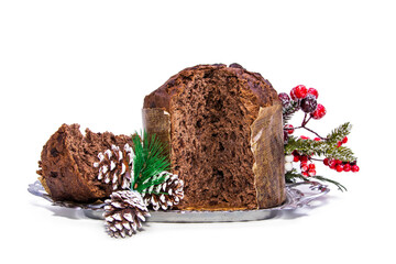 panettone with christmas decorations isolated