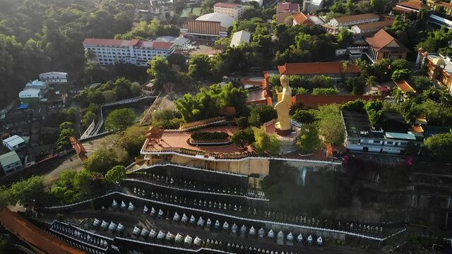 Aerial drone sunset view of Fo Guang Shan Buddha Museum in Kaohsiung, Taiwan.
Low angle, parallax movement, HD.
