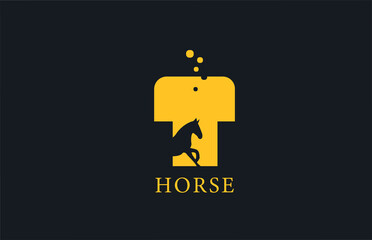T yellow horse alphabet letter logo icon with stallion shape inside. Creative design for company and business