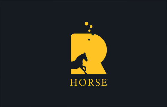 R yellow horse alphabet letter logo icon with stallion shape inside. Creative design for company and business