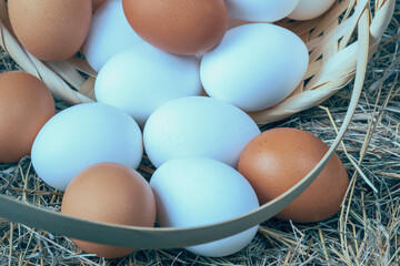 a lot of fresh chicken eggs in a straw basket on a background of hay. Healthy eating concept