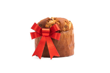 christmas panettone with red bow isolated on white background