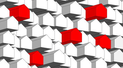 house and city, some colored in red that emerge from the set of houses. Perspective with a three-dimensional three-dimensional effect. House icon, with simple and schematic lines.