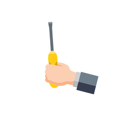 Screwdriver in hand. Technical work and repairs. Building tool. Flat cartoon icon