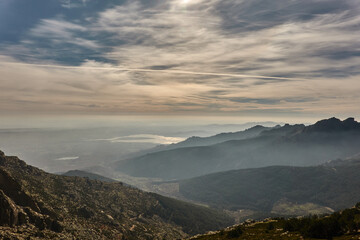 Panoramic views of the Sierra de Guadarrama National Park from the Cuerda Larga path. Madrid's community. Spain