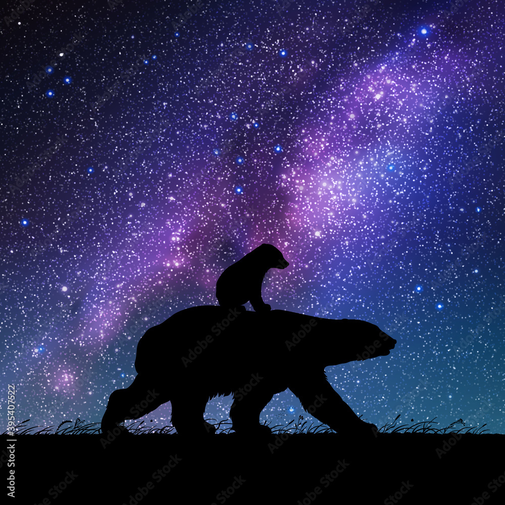 Sticker bears family at night. animal silhouettes. starry sky and milky way
