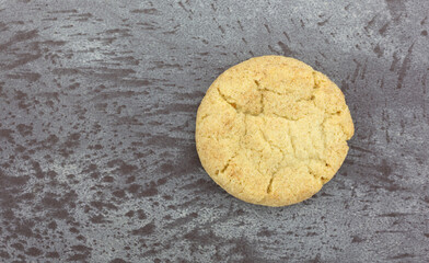 Top view of a single gluten free Snickerdoodle cookie isolated on gray.
