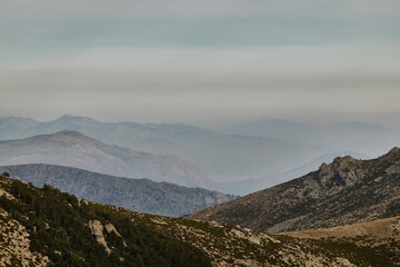 Fototapeta premium Panoramic views of the Sierra de Guadarrama National Park from the Cuerda Larga path. Madrid's community. Spain