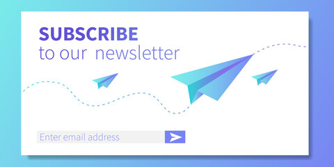 Subscribe to our newsletter web banner template. Paper planes like metaphor of mail. Concept of email marketing, correspondence service delivery registration banner. Vector illustration - obrazy, fototapety, plakaty