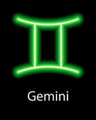 Green neon zodiac sign Gemini with caption. Predictions, astrology, horoscope.
