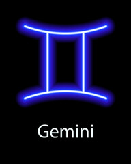 Blue neon zodiac sign Gemini with caption. Predictions, astrology, horoscope.