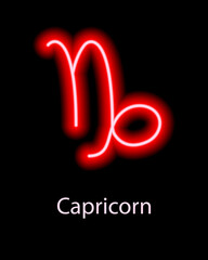 Red neon zodiac sign Capricorn with caption. Predictions, astrology, horoscope.
