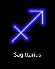 Blue neon zodiac sign Sagittarius with caption. Predictions, astrology, horoscope.
