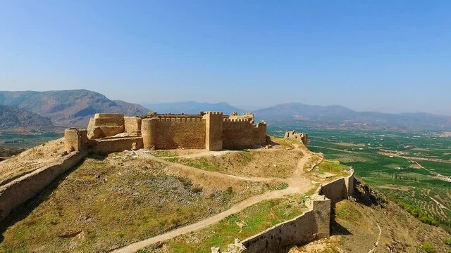 Aerial view of Larissa castle, Argos, Greece, on a bright, sunny autumn day.