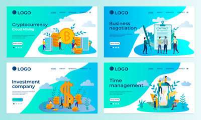 A set of landing page templates.Bitcoin mining,business negotiations, time management, investment.Templates for use in mobile app development.Flat vector illustration.