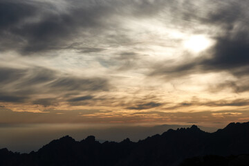 Obraz premium Sunset over La Pedriza from La Najarra in the Sierra de Guadarrama National Park. Madrid's community. Spain