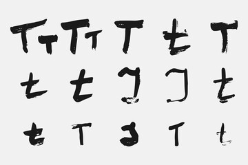 Letter T written by hand. Black letter T written in grunge calligraphy. Different versions of the font are hand-drawn in a careless style. Vector eps illustration.